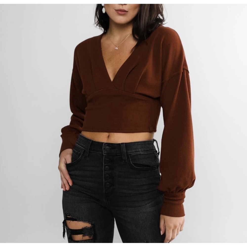 Free People Women's Red Jasper Long Sleeve All Nighter Thermal Cropped Top Sz S